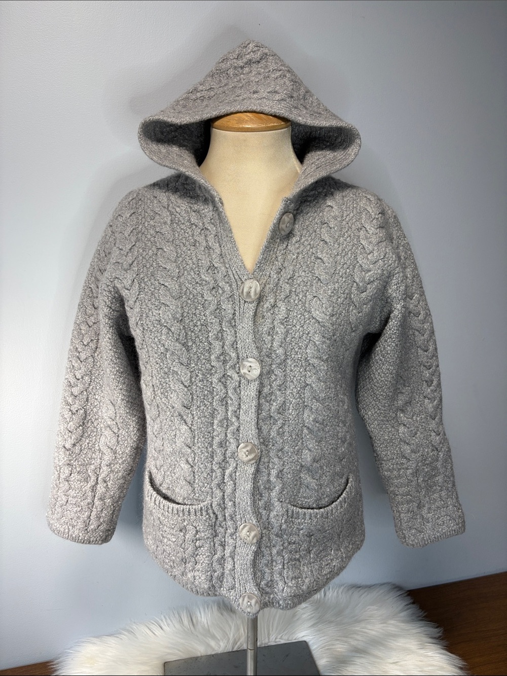 Aran Mor Ireland 100% Wool Cardigan Sweater Grey
